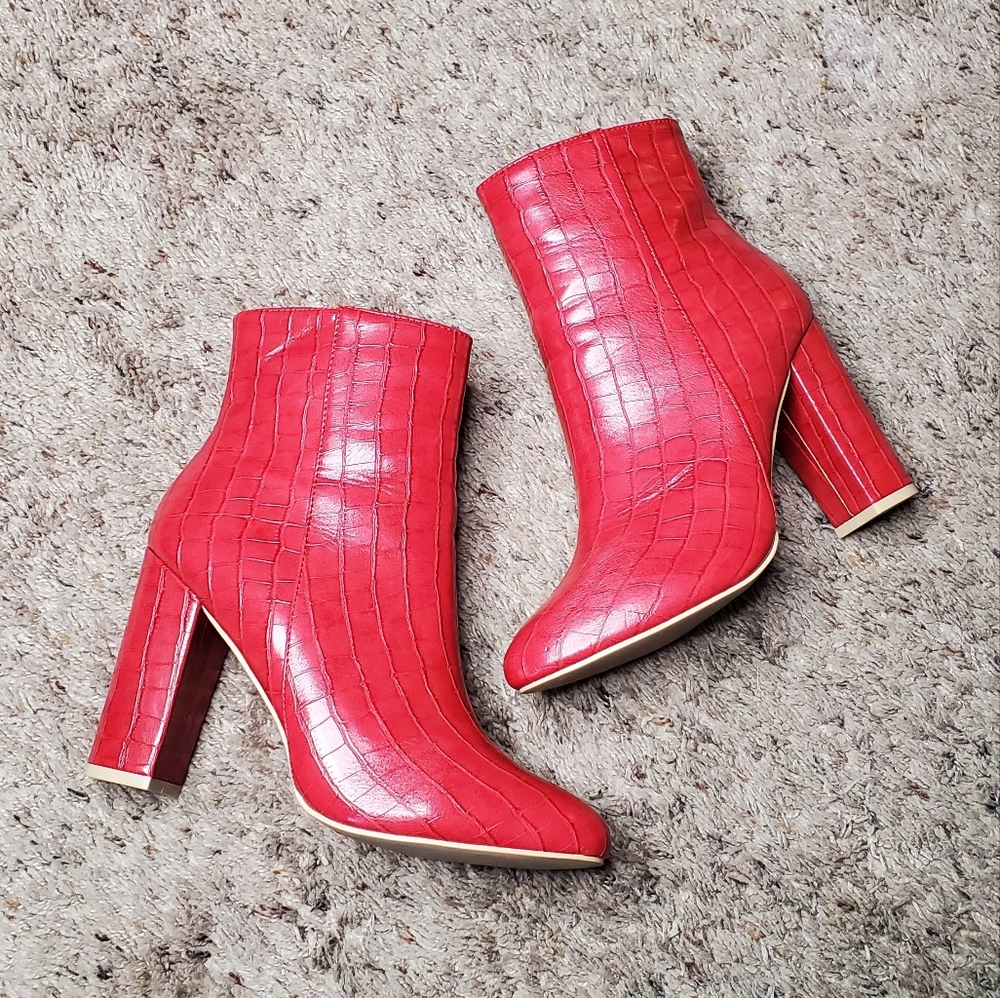 Red Faux Croc Ankle Booties